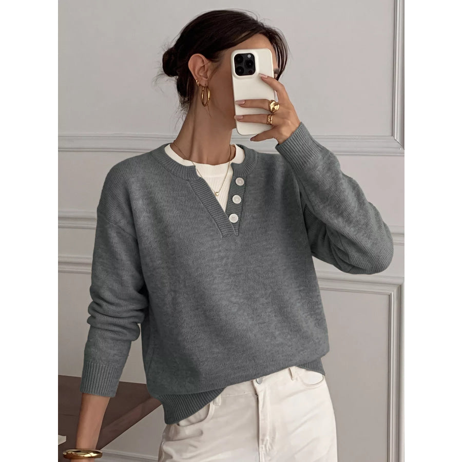 Dropped Shoulder Decorative Button Sweater Apparel and Accessories