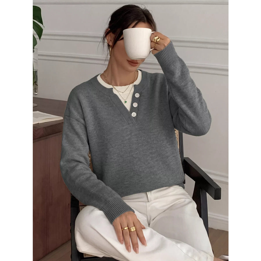 Dropped Shoulder Decorative Button Sweater Apparel and Accessories