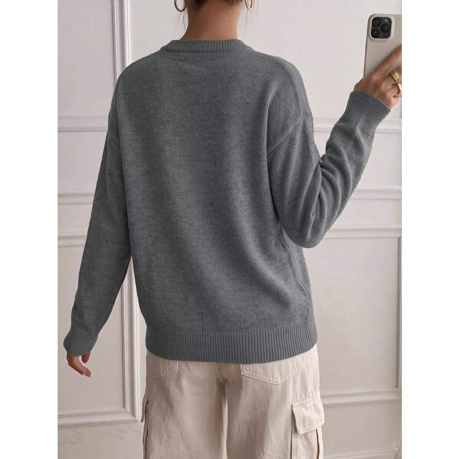 Dropped Shoulder Decorative Button Sweater Apparel and Accessories