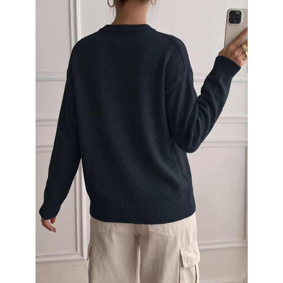 Dropped Shoulder Decorative Button Sweater Apparel and Accessories