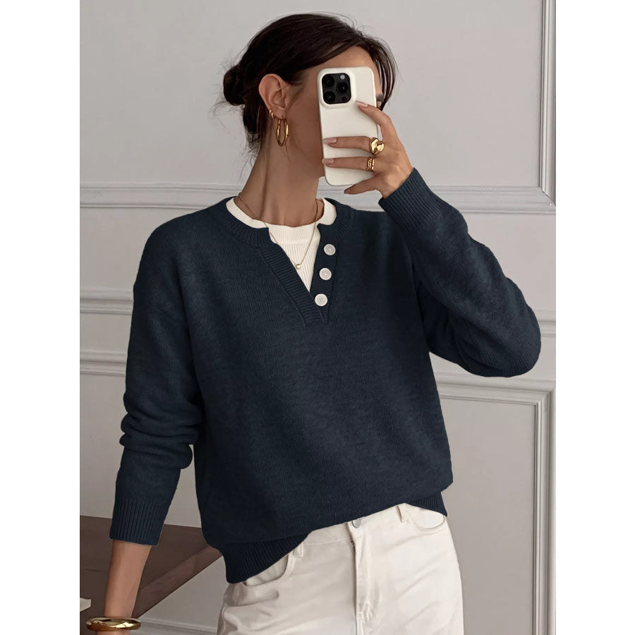 Dropped Shoulder Decorative Button Sweater Apparel and Accessories