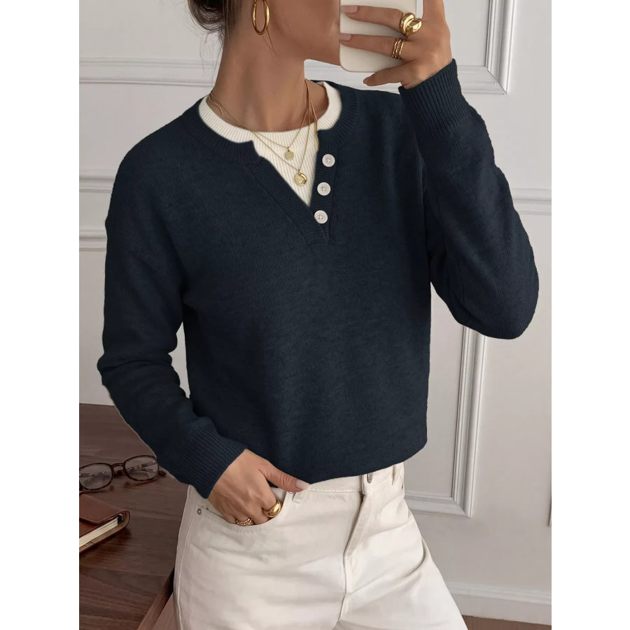 Dropped Shoulder Decorative Button Sweater Apparel and Accessories