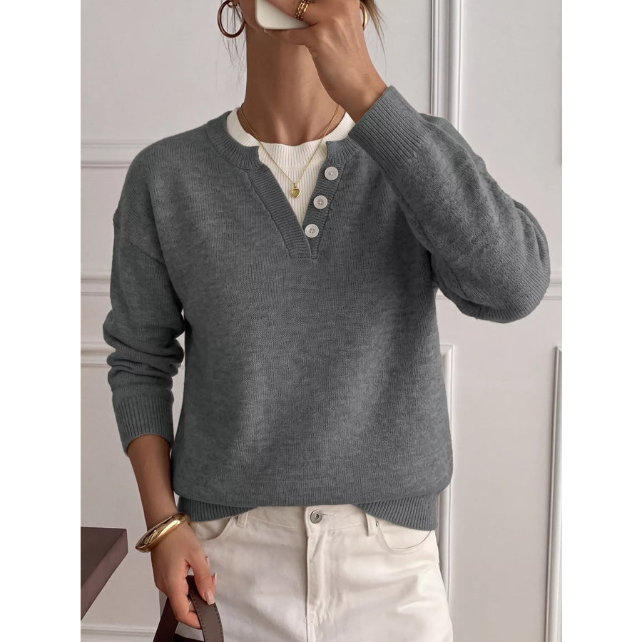 Dropped Shoulder Decorative Button Sweater Apparel and Accessories