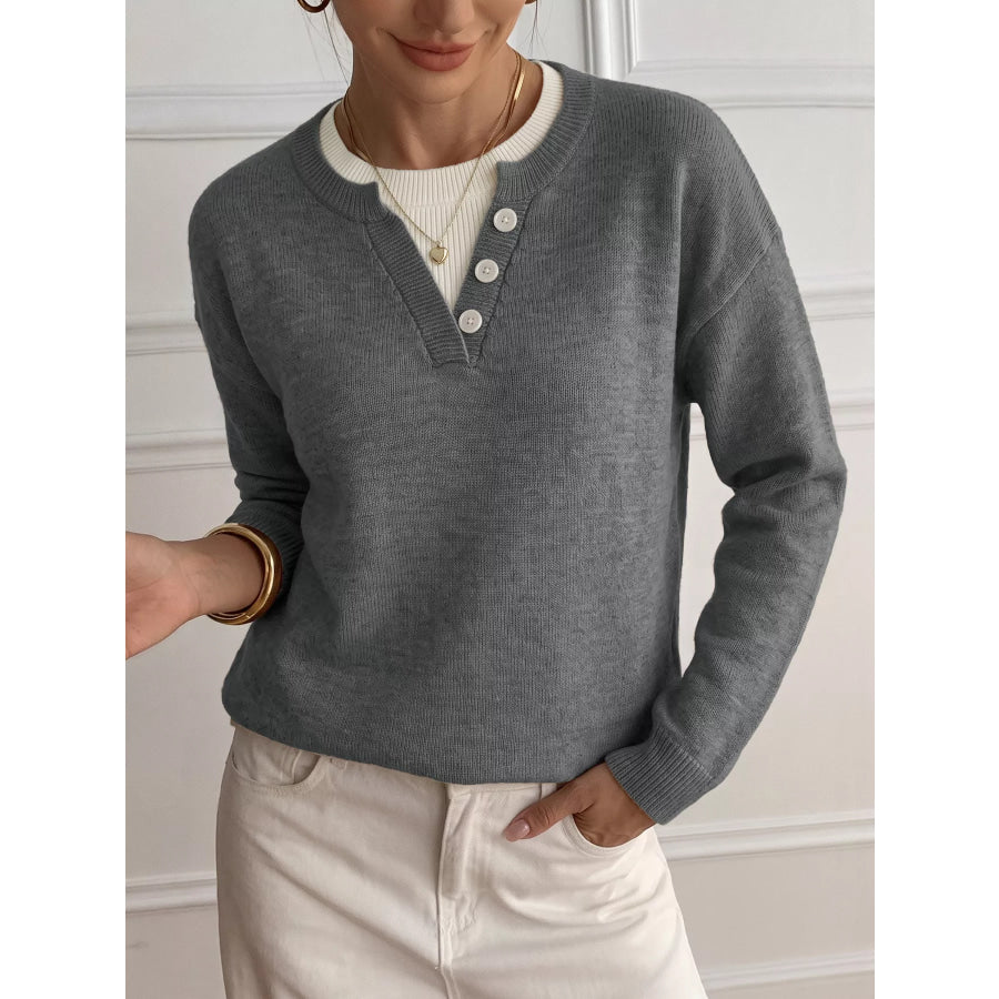 Dropped Shoulder Decorative Button Sweater Apparel and Accessories