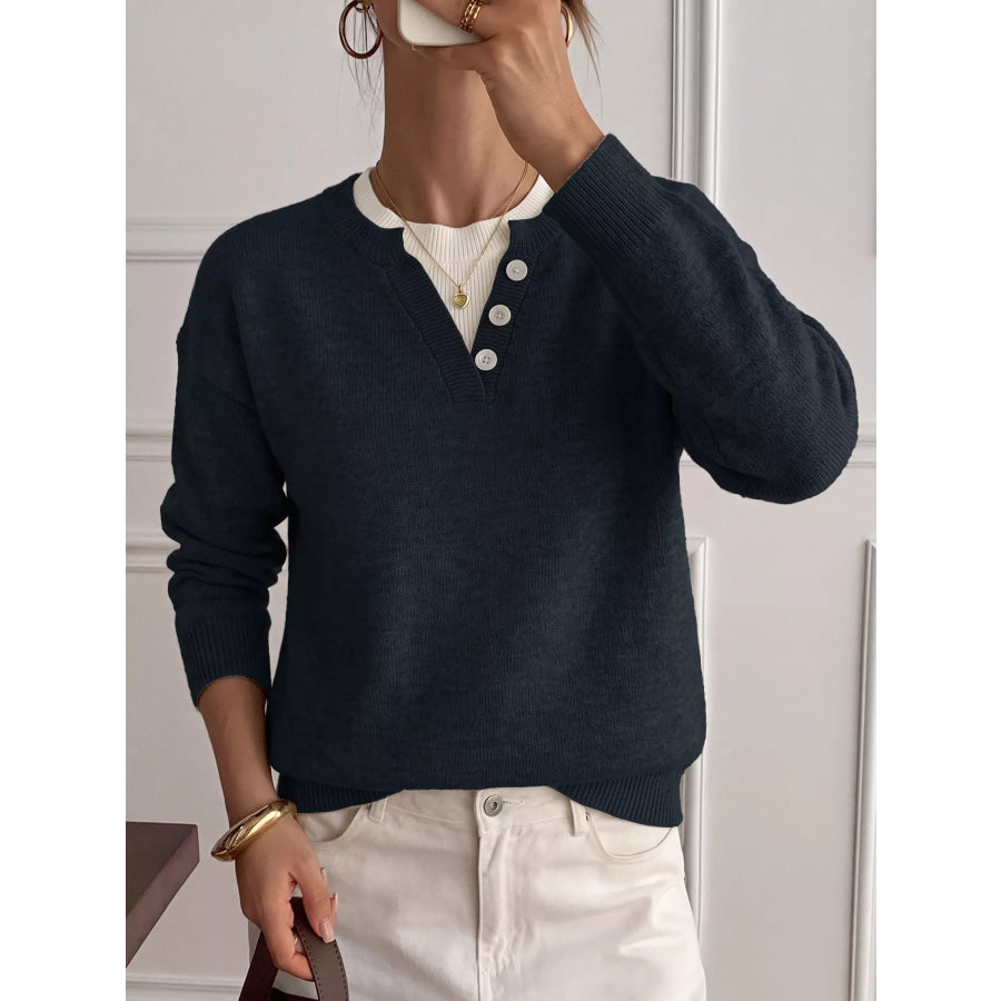 Dropped Shoulder Decorative Button Sweater Apparel and Accessories