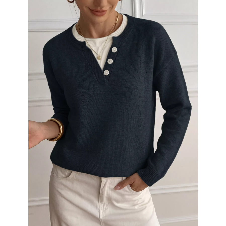 Dropped Shoulder Decorative Button Sweater Dark Navy / S Apparel and Accessories