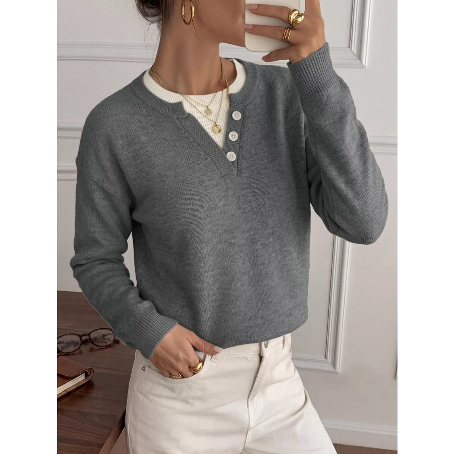 Dropped Shoulder Decorative Button Sweater Gray / S Apparel and Accessories