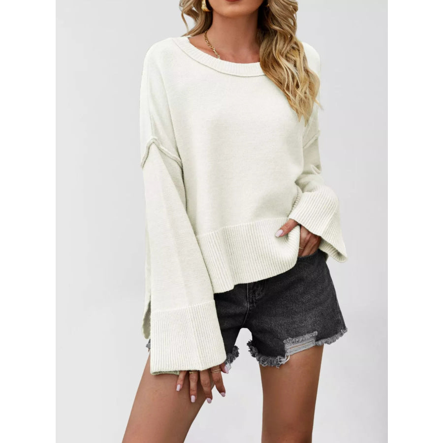 Dropped Shoulder Flare Sleeve Sweater Apricot / S Apparel and Accessories