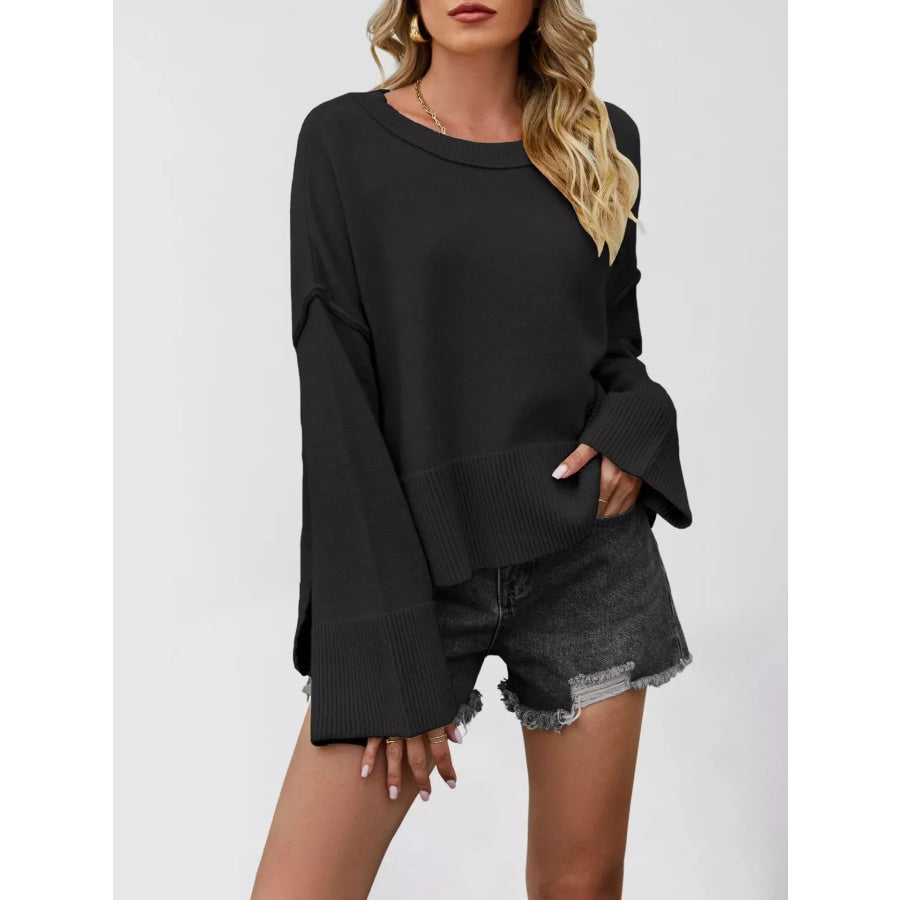 Dropped Shoulder Flare Sleeve Sweater Black / S Apparel and Accessories
