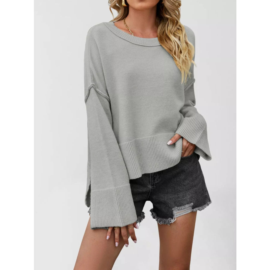 Dropped Shoulder Flare Sleeve Sweater Gray / S Apparel and Accessories