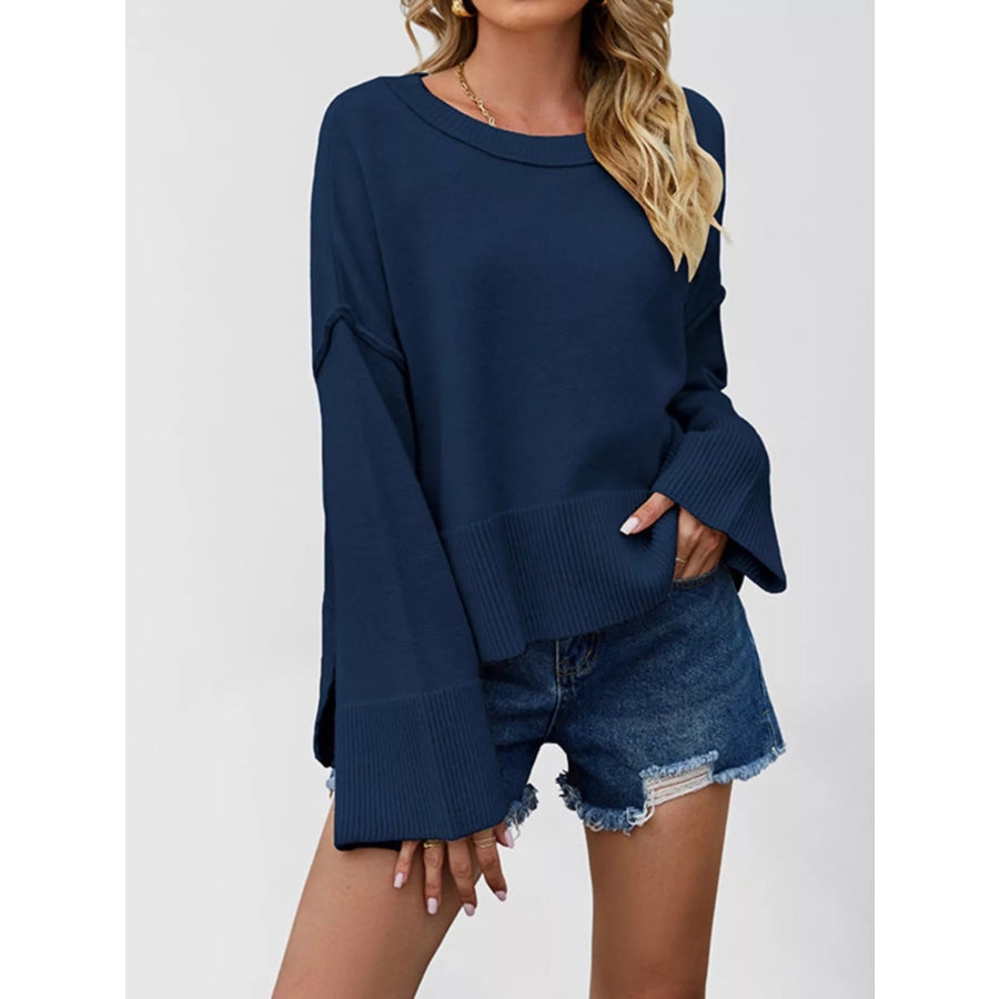Dropped Shoulder Flare Sleeve Sweater Navy Blue / S Apparel and Accessories