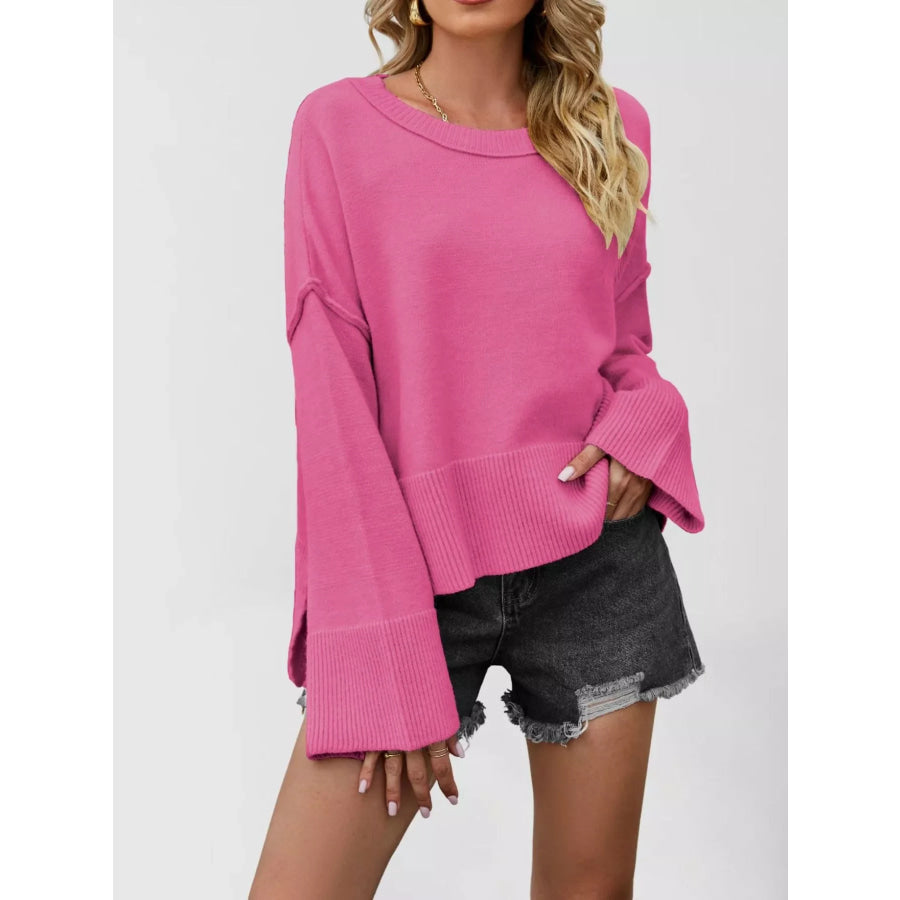Dropped Shoulder Flare Sleeve Sweater Rose Red / S Apparel and Accessories