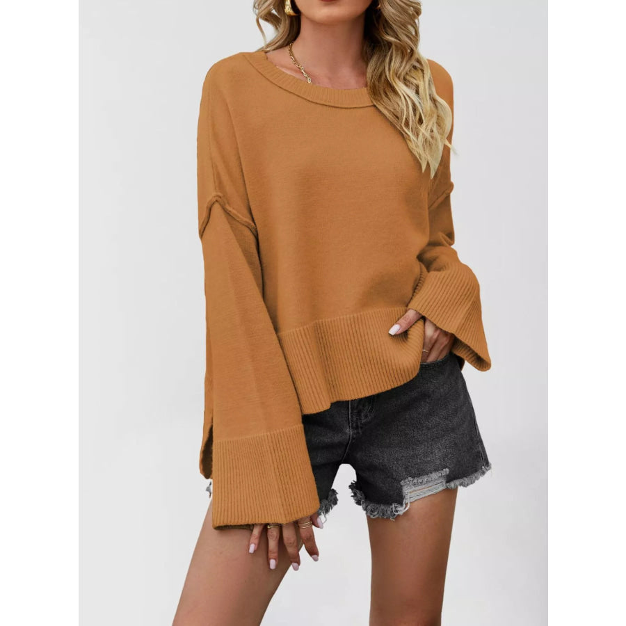 Dropped Shoulder Flare Sleeve Sweater Yellowish Brown / S Apparel and Accessories