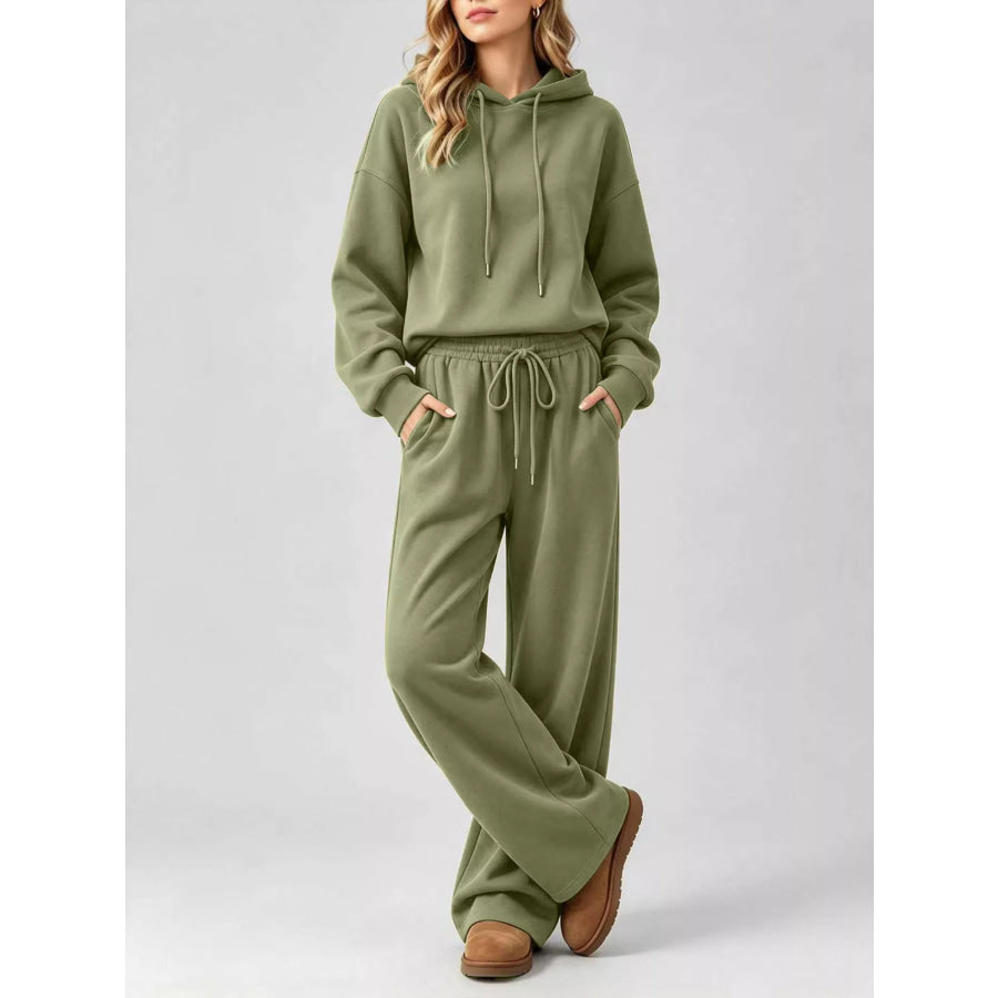 Dropped Shoulder Hoodie and Wide-Leg Pants Set Apparel Accessories