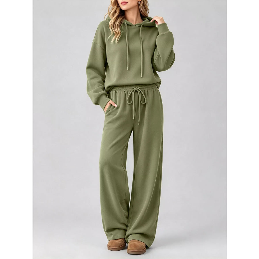 Dropped Shoulder Hoodie and Wide-Leg Pants Set Apparel Accessories