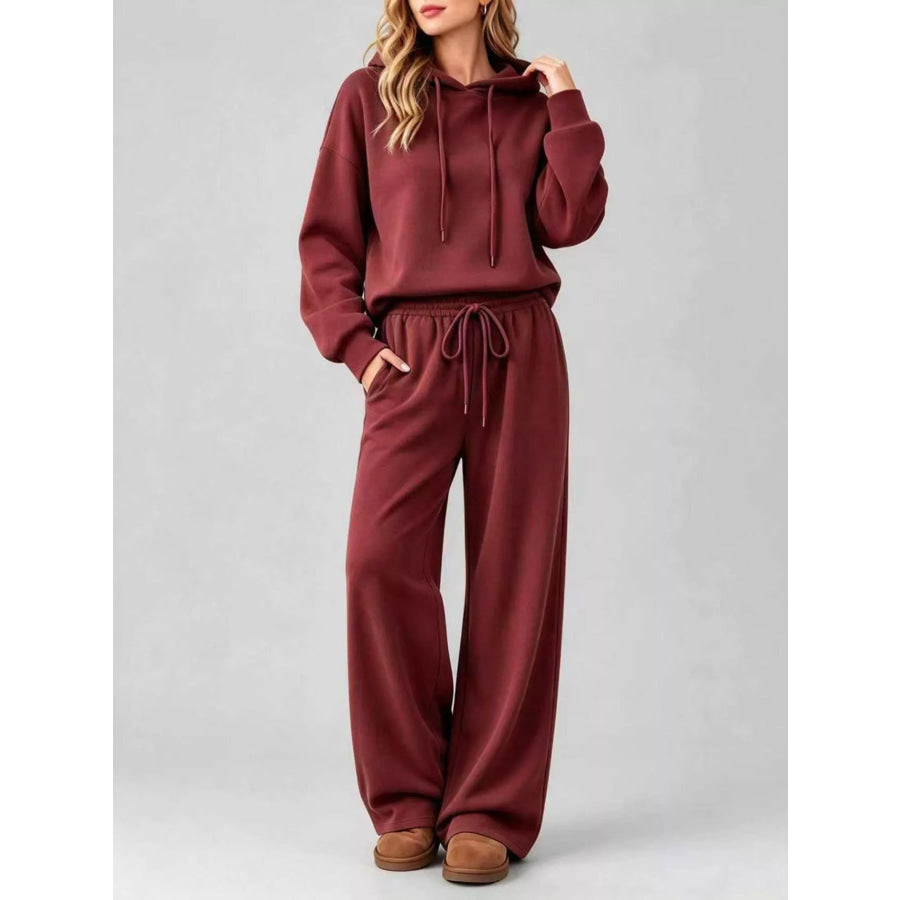Dropped Shoulder Hoodie and Wide-Leg Pants Set Burgundy / S Apparel Accessories