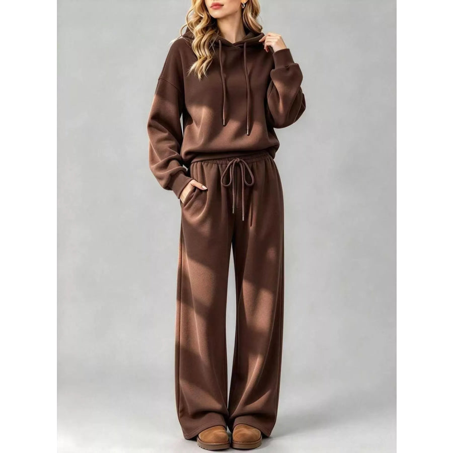 Dropped Shoulder Hoodie and Wide-Leg Pants Set Dark Brown / S Apparel Accessories