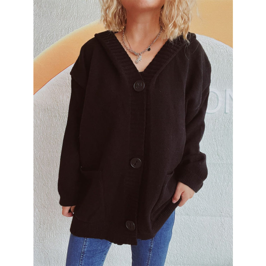 Dropped Shoulder Long Sleeve Hooded Cardigan Black / One Size Apparel and Accessories