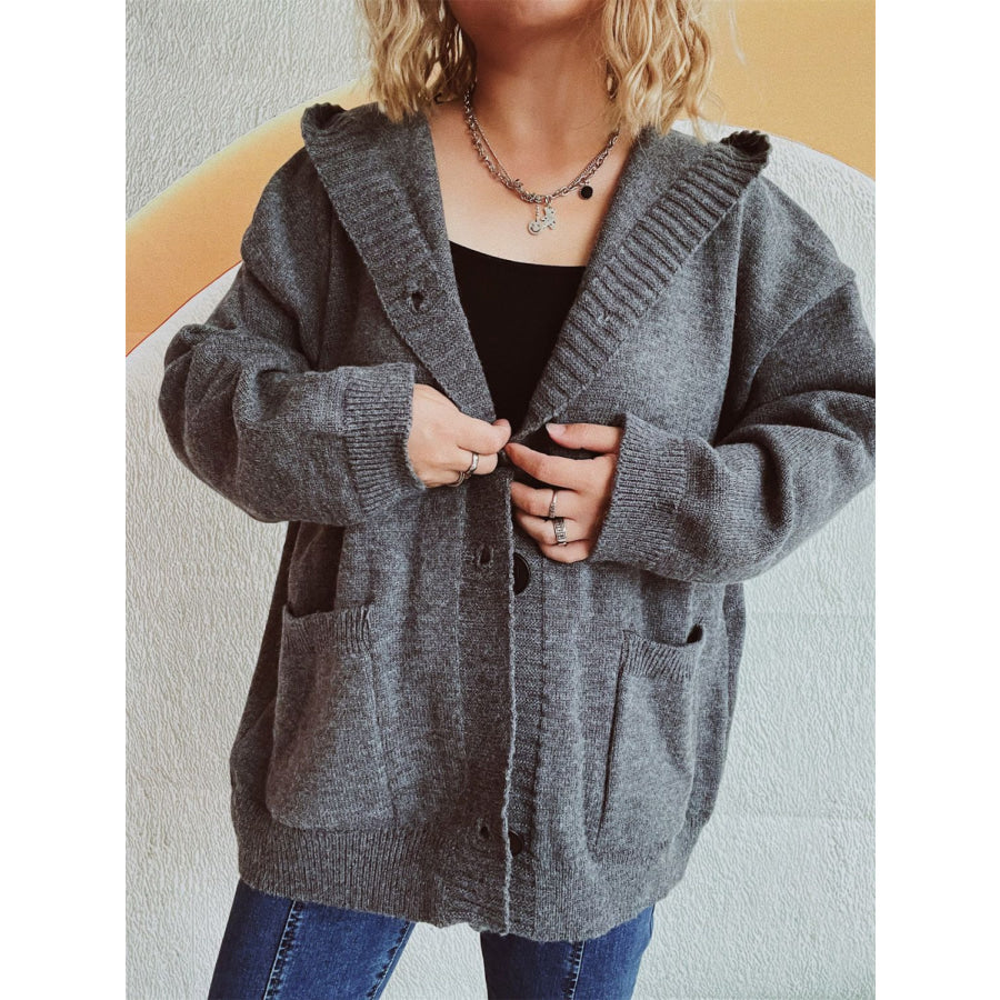 Dropped Shoulder Long Sleeve Hooded Cardigan Dark Gray / One Size Apparel and Accessories