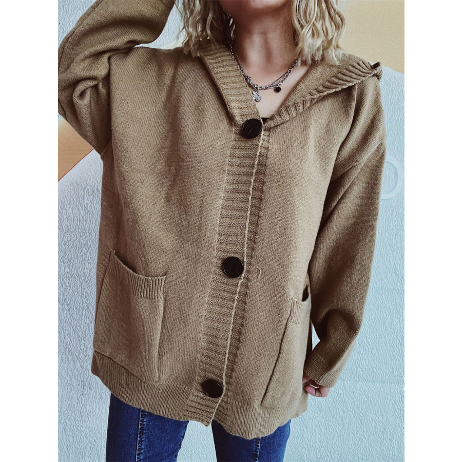 Dropped Shoulder Long Sleeve Hooded Cardigan Taupe / One Size Apparel and Accessories