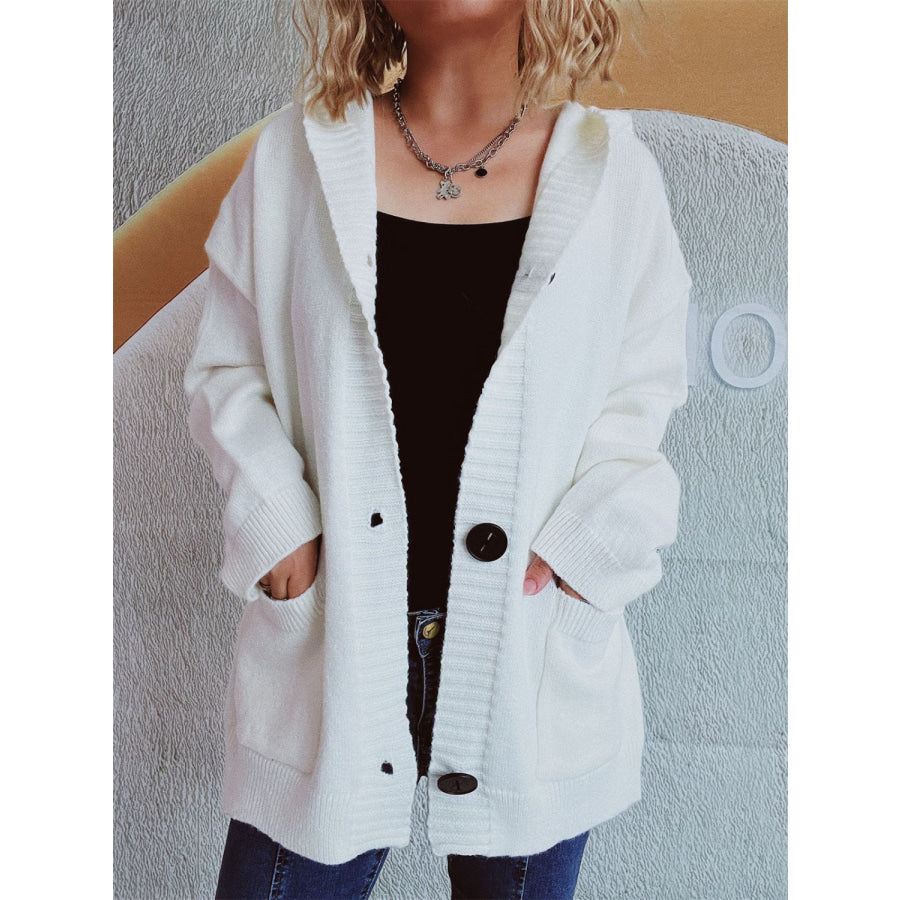 Dropped Shoulder Long Sleeve Hooded Cardigan White / One Size Apparel and Accessories