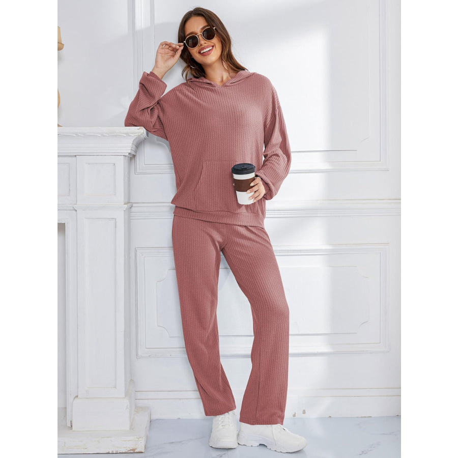 Dropped Shoulder Long Sleeve Hoodie and Pants Set Dusty Pink / S Apparel and Accessories