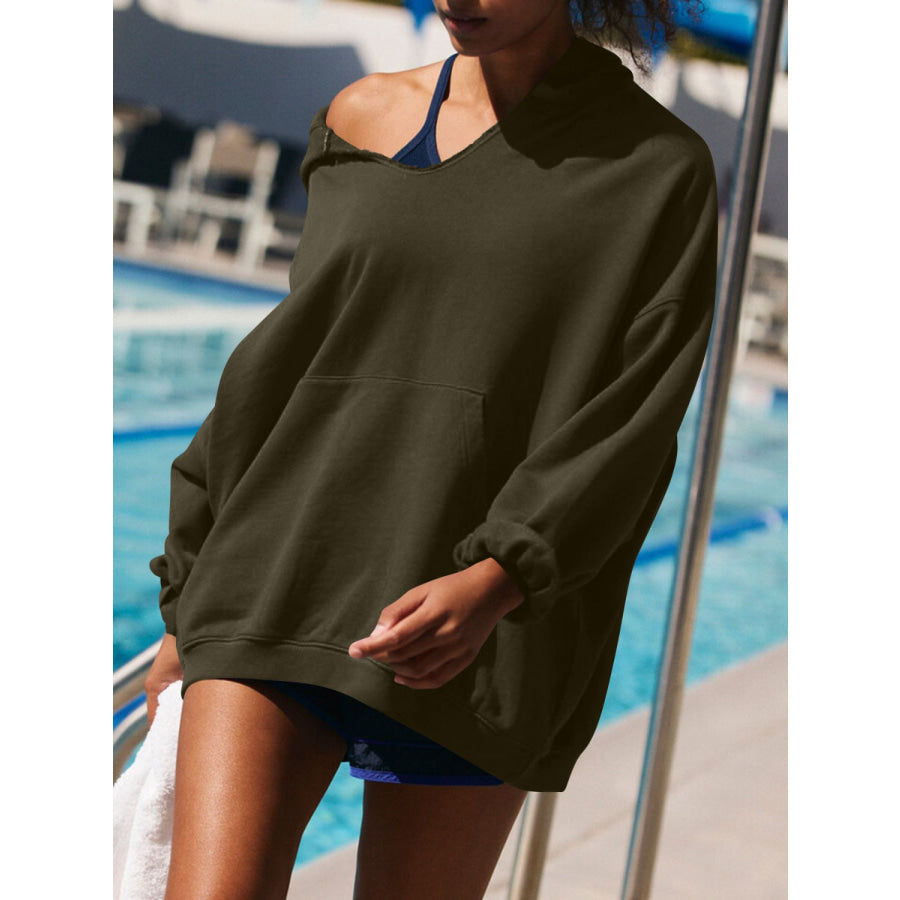 Dropped Shoulder Long Sleeve Hoodie Army Green / S Apparel and Accessories