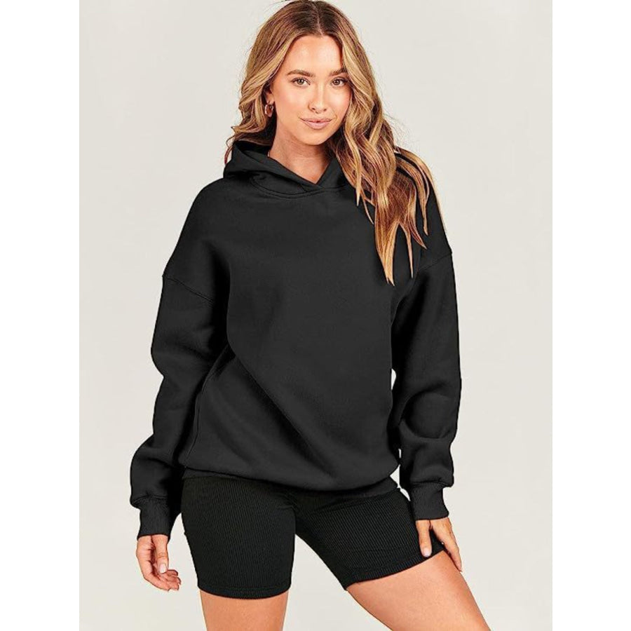 Dropped Shoulder Long Sleeve Hoodie Black / S Apparel and Accessories