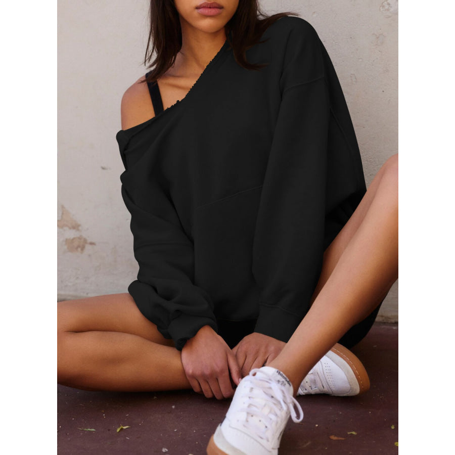 Dropped Shoulder Long Sleeve Hoodie Black / S Apparel and Accessories