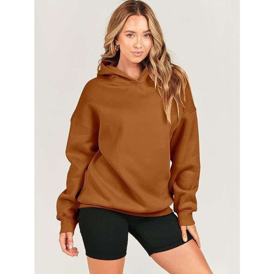 Dropped Shoulder Long Sleeve Hoodie Caramel / S Apparel and Accessories