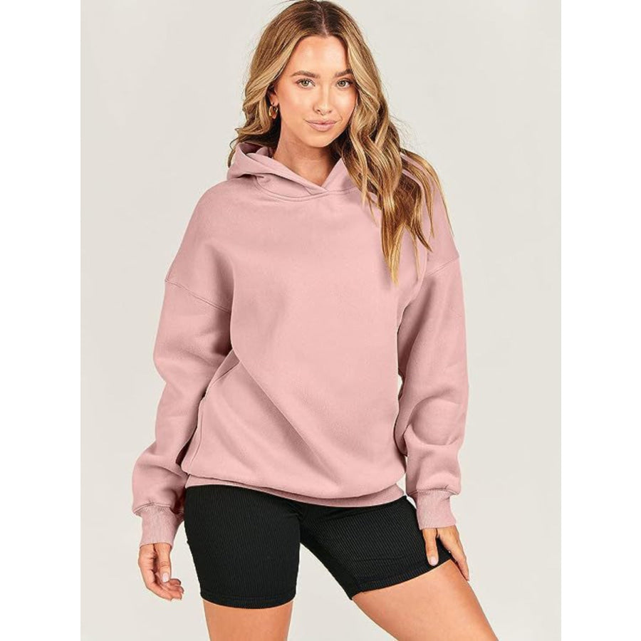 Dropped Shoulder Long Sleeve Hoodie Dusty Pink / S Apparel and Accessories