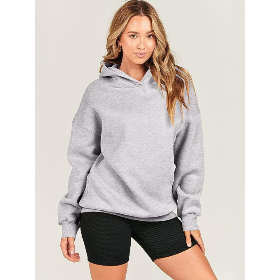 Dropped Shoulder Long Sleeve Hoodie Light Gray / S Apparel and Accessories