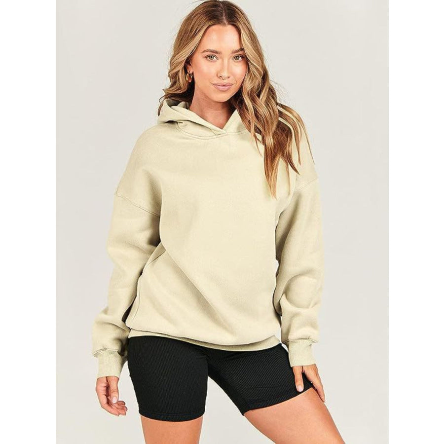 Dropped Shoulder Long Sleeve Hoodie Pastel Yellow / S Apparel and Accessories