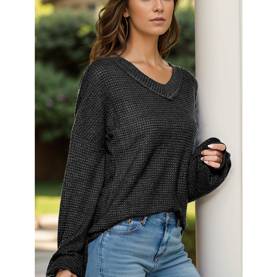 Dropped Shoulder Long Sleeve Knit Top Black / S Apparel and Accessories