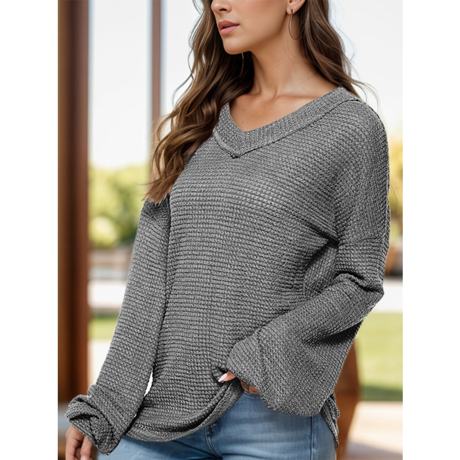 Dropped Shoulder Long Sleeve Knit Top Dark Gray / S Apparel and Accessories