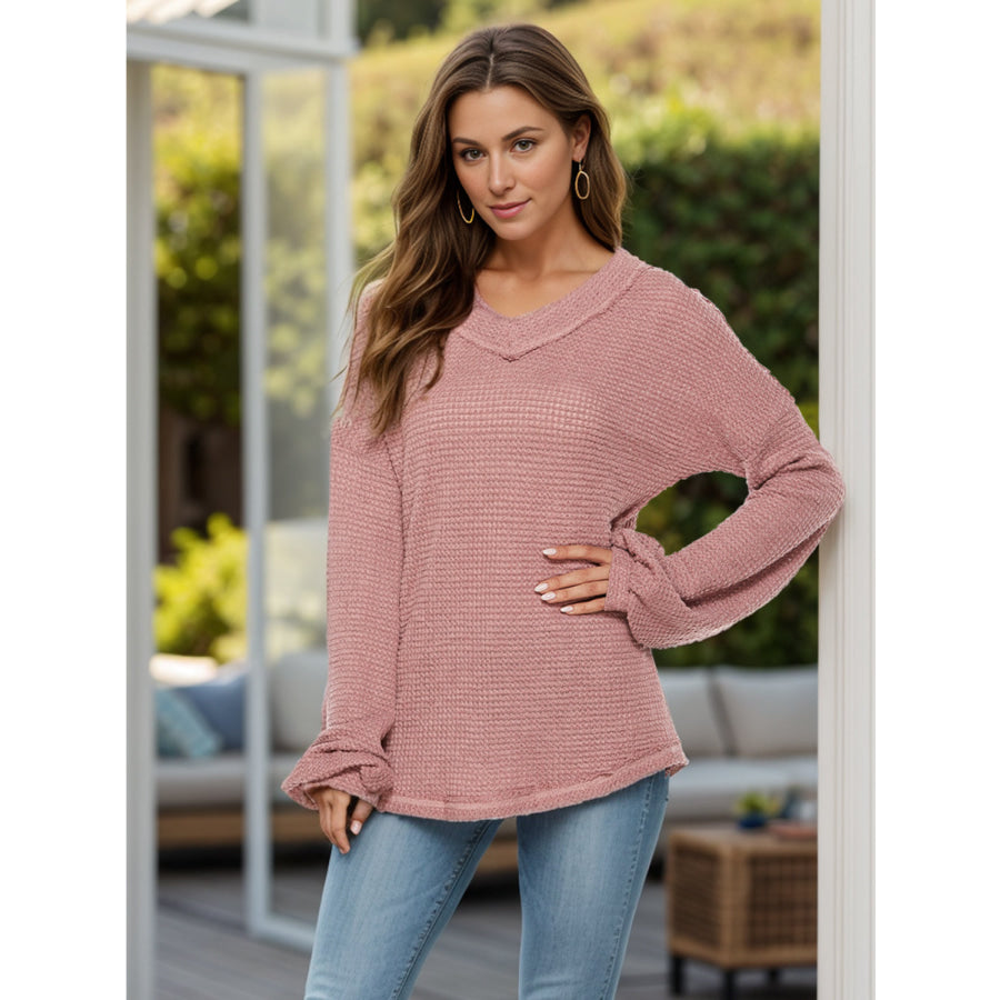 Dropped Shoulder Long Sleeve Knit Top Dusty Pink / S Apparel and Accessories