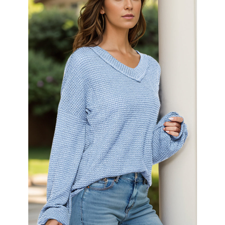 Dropped Shoulder Long Sleeve Knit Top Light Blue / S Apparel and Accessories