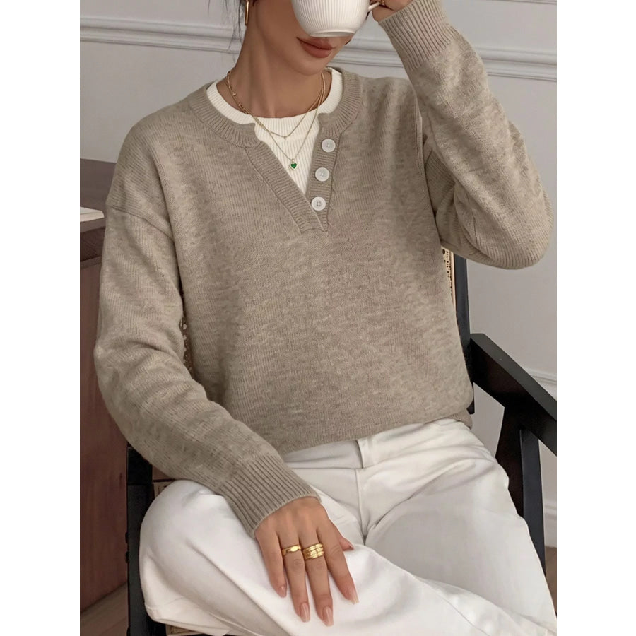 Dropped Shoulder Long Sleeve Sweater Khaki / S Apparel and Accessories