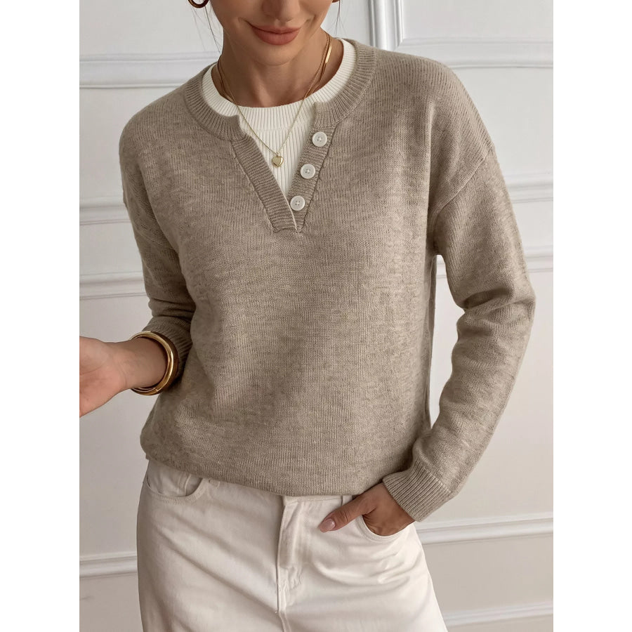 Dropped Shoulder Long Sleeve Sweater Khaki / S Apparel and Accessories