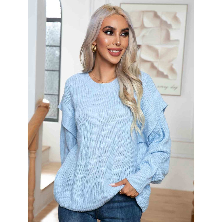 Dropped Shoulder Long Sleeve Sweater Pastel Blue / S