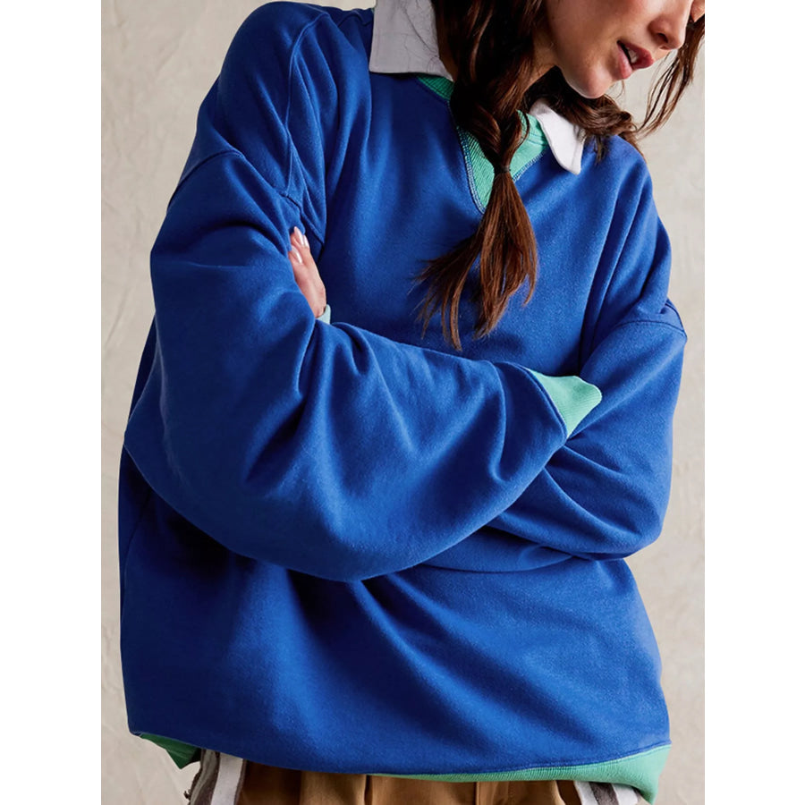 Dropped Shoulder Long Sleeve Sweatshirt Blue / S Apparel and Accessories