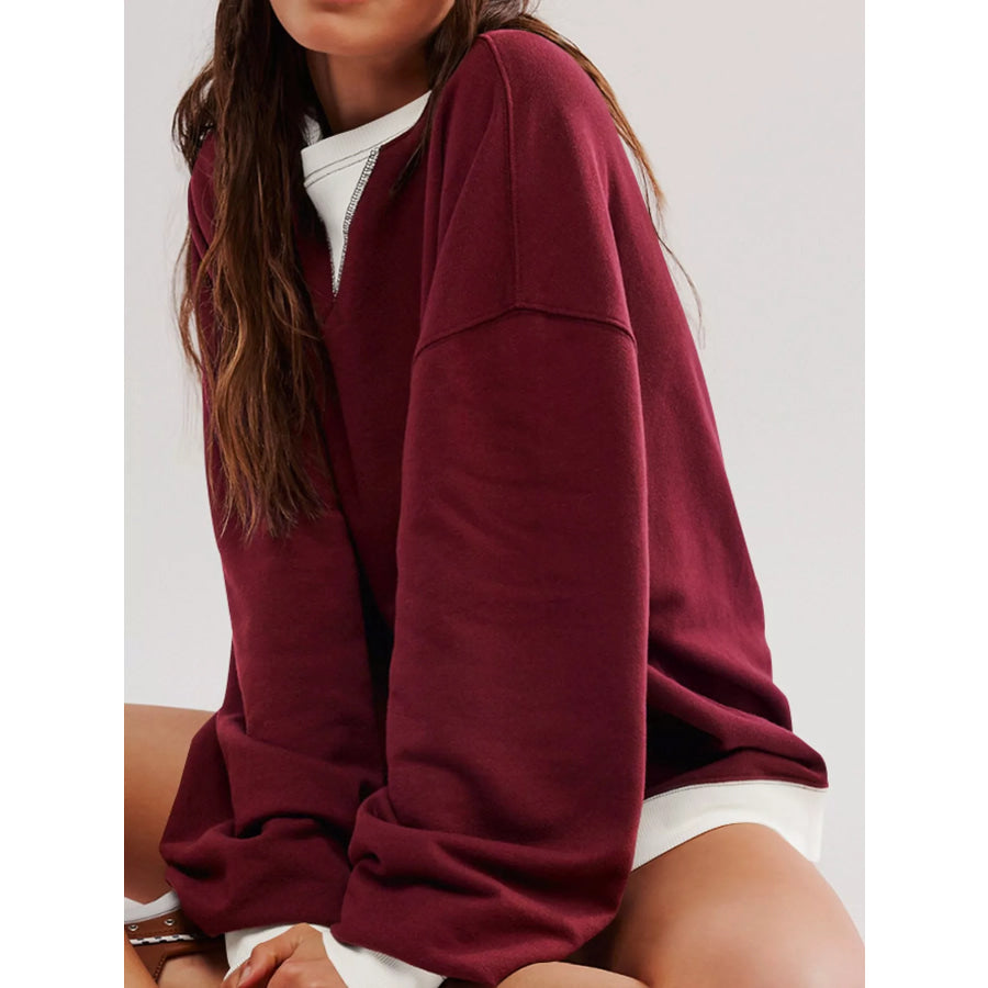 Dropped Shoulder Long Sleeve Sweatshirt Burgundy / S Apparel and Accessories