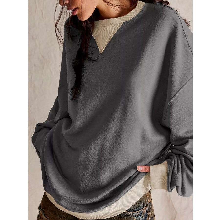 Dropped Shoulder Long Sleeve Sweatshirt Gray / S Apparel and Accessories