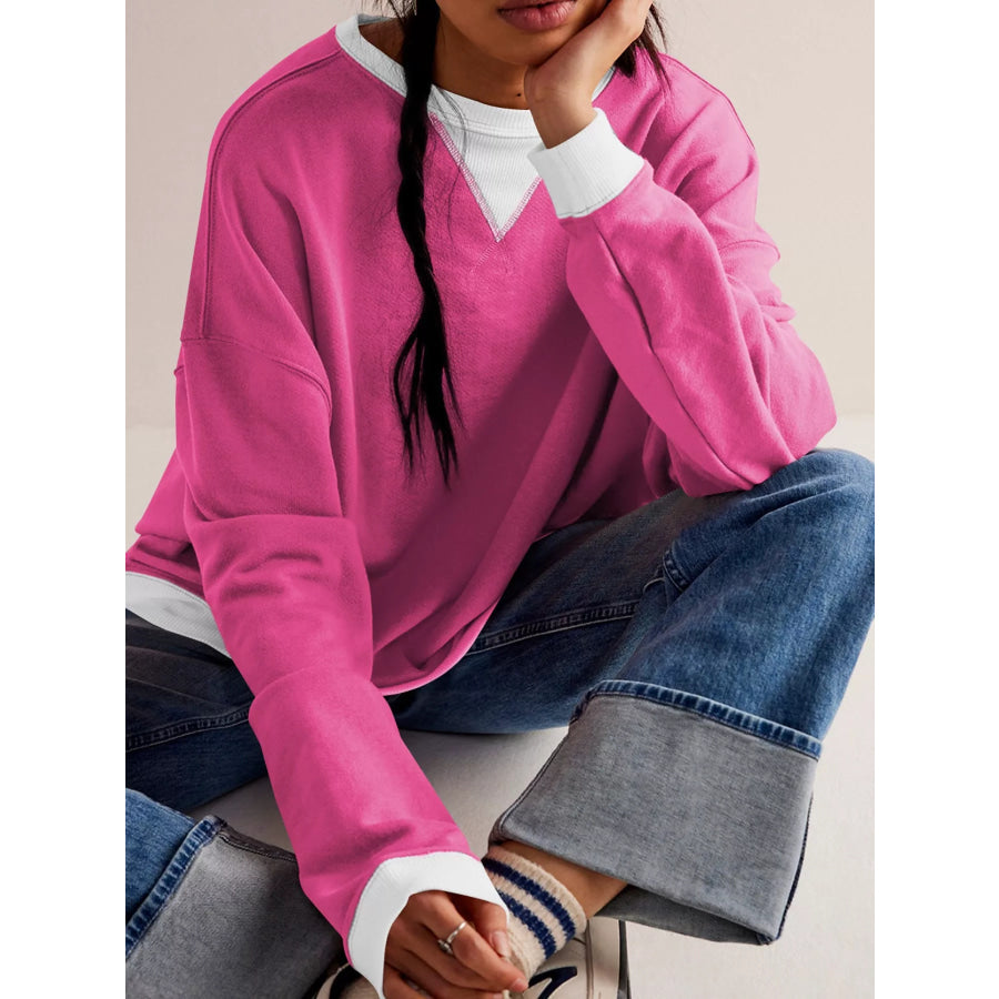 Dropped Shoulder Long Sleeve Sweatshirt Rose Red / S Apparel and Accessories