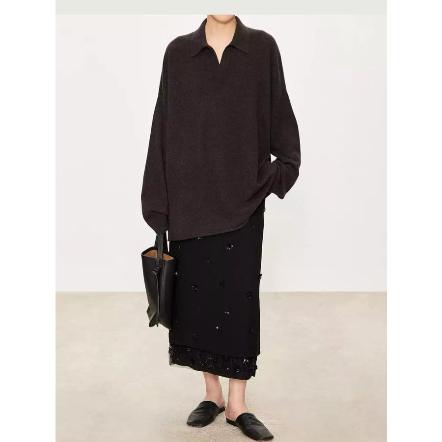 Dropped Shoulder Polo Collar Sweater Apparel and Accessories