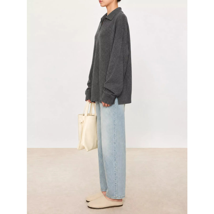 Dropped Shoulder Polo Collar Sweater Apparel and Accessories