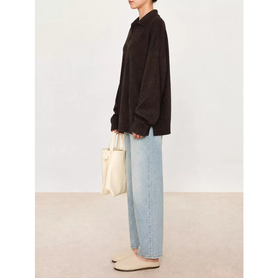 Dropped Shoulder Polo Collar Sweater Apparel and Accessories