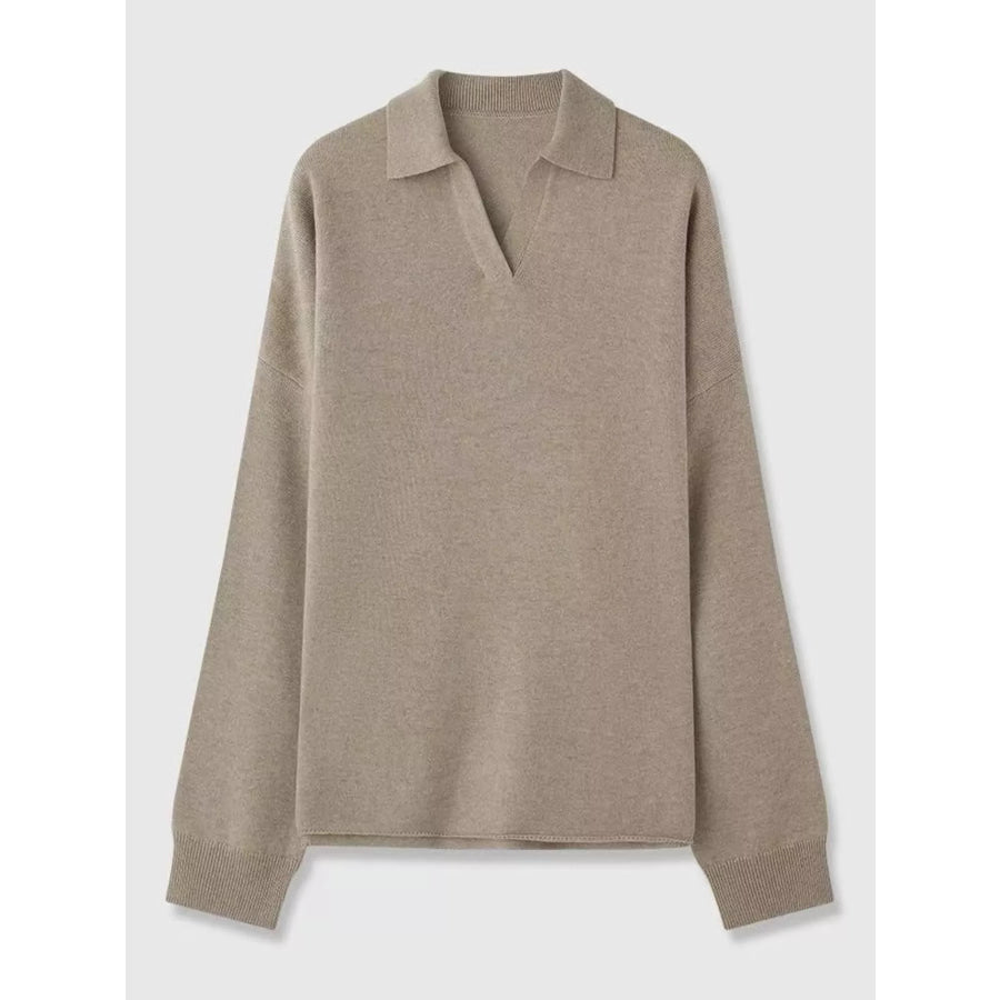 Dropped Shoulder Polo Collar Sweater Apparel and Accessories