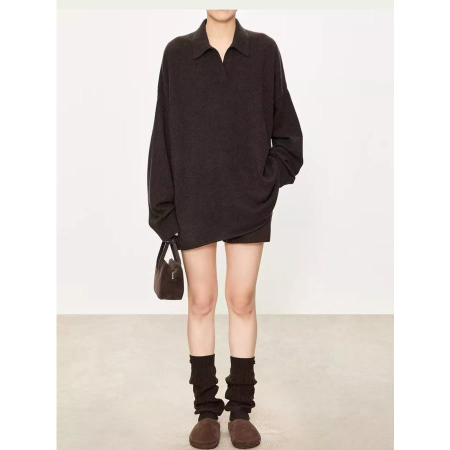 Dropped Shoulder Polo Collar Sweater Apparel and Accessories