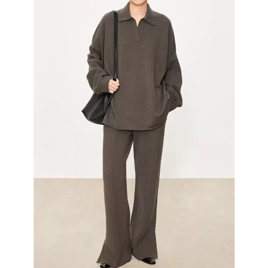 Dropped Shoulder Polo Collar Sweater Apparel and Accessories